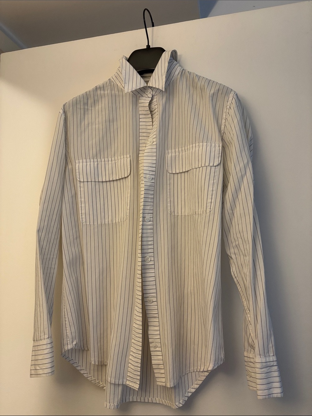 Equipment White Shirt with Navy Pinstripes